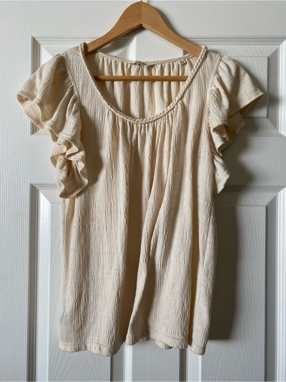 Max Studio Cream Textured Gauze Boho Blouse Ruffle Sleeve Top M